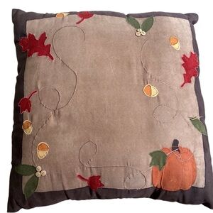 Pumpkin Acorn Autumn Fall Leaves Harvest Embroidered Soft Velour Accent Pillow